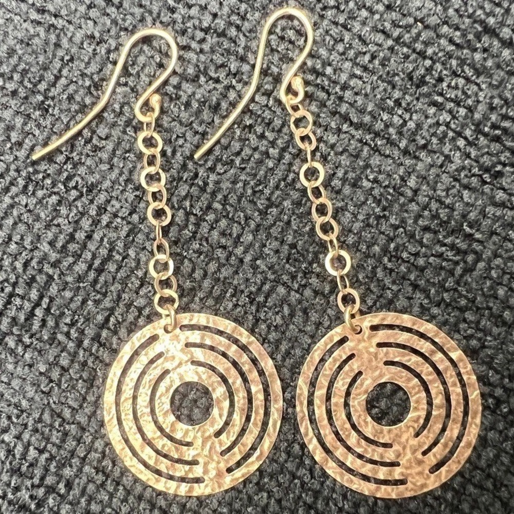 Sterling Silver Gold Tone Drop Earring Hammered Geometric Open Disc DAR 2.75" 3g